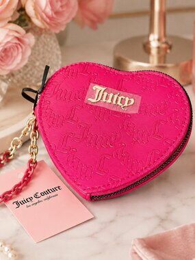 Juicy Couture Can’t Tame Her Pink Heart Embossed Zip Wristlet NWT